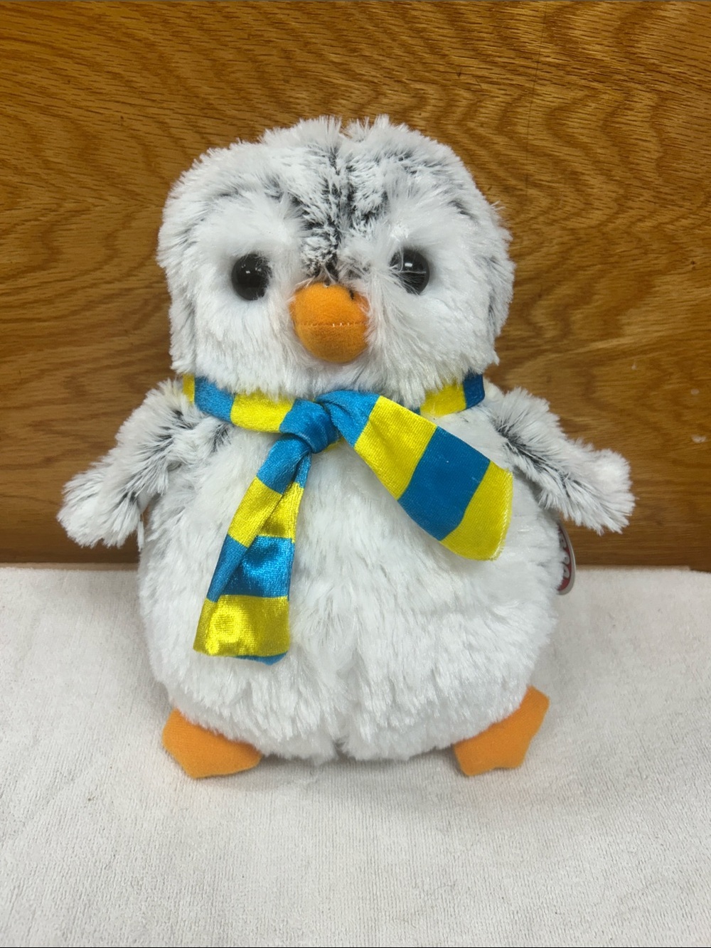Peek-a-boo Plush White Penguin with Blue & Yellow Scarf - Soft Small Pet Toy